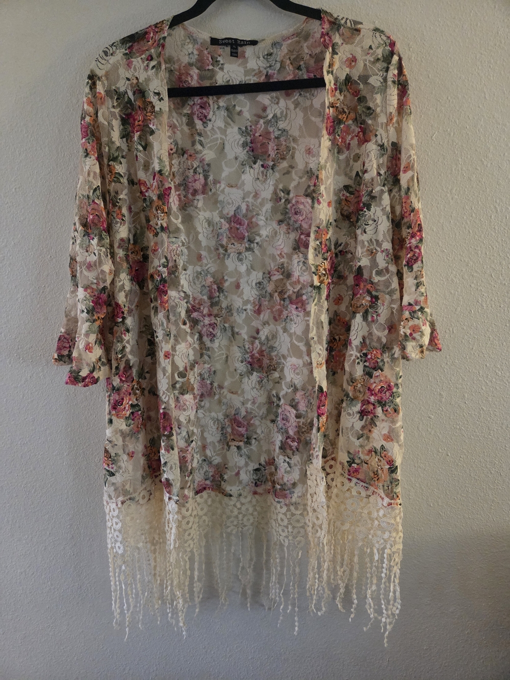 Sweet Rain Floral Lace Kimono in Cream with Pink and Green Accents